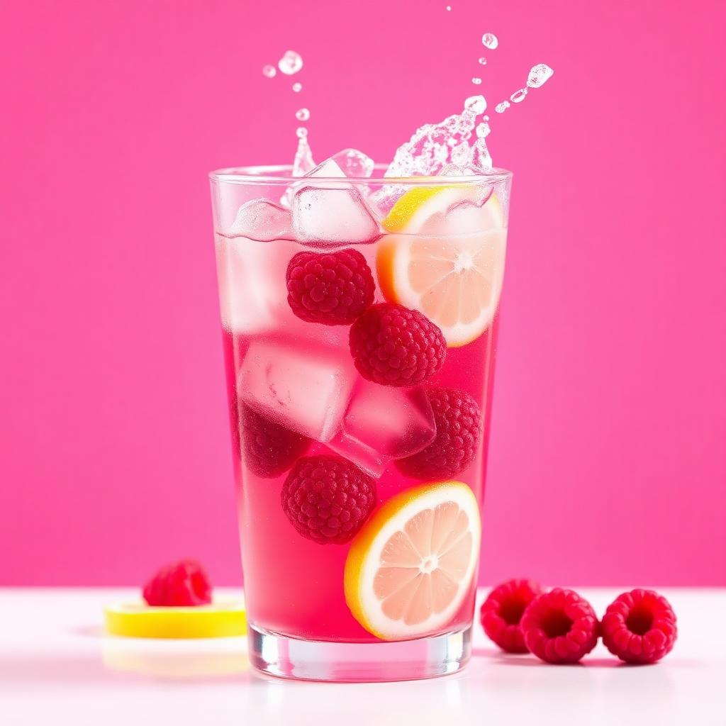 A glass of Zestee raspberry lemonade hydration drink